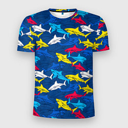 Футболка спортивная мужская Разноцветные акулы на глубине, цвет: 3D-принт
