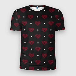 Мужская спорт-футболка Красные сердечки и белые точки на черном