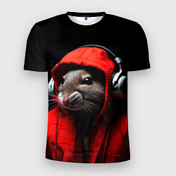 Футболка спортивная мужская Крыса диджей в наушниках и капюшоне, цвет: 3D-принт