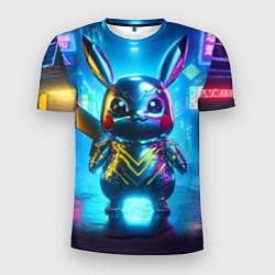 Футболка спортивная мужская Neon cyber Pikachu made of metal steel - ai art, цвет: 3D-принт