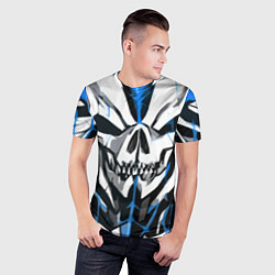 Футболка спортивная мужская Белый череп и синие полосы на чёрном фоне, цвет: 3D-принт — фото 2