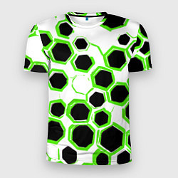 Мужская спорт-футболка Чёрно-зелёные шестиугольники на белом фоне