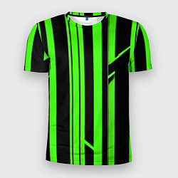 Мужская спорт-футболка Толстые зелёные полосы на чёрном фоне
