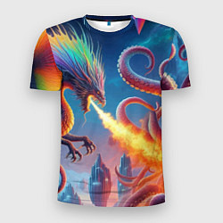 Мужская спорт-футболка Огнедышащий дракон против осьминога - нейроарт фан