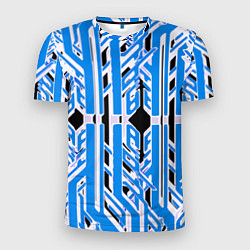 Мужская спорт-футболка Бело-синие техно полосы на чёрном фоне