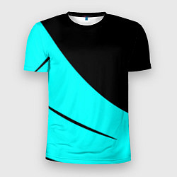 Мужская спорт-футболка Чёрный и неоновый голубой двуцветный с полосой