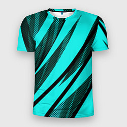 Футболка спортивная мужская Неоновый голубой с чёрным абстракция с полосами, цвет: 3D-принт