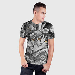 Футболка спортивная мужская С котами и рыбой на фоне сакуры в волнах, цвет: 3D-принт — фото 2