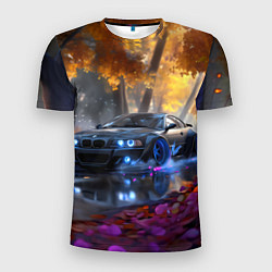 Футболка спортивная мужская BMW синие неоновые фары, цвет: 3D-принт