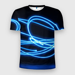 Футболка спортивная мужская Неоновые голубые волны на черном фоне, цвет: 3D-принт