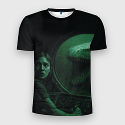 Футболка спортивная мужская На батискаф с девушкой нападает Тилозавр ужасы, цвет: 3D-принт