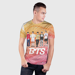 Футболка спортивная мужская BTS желто-розовый блестящий фон, цвет: 3D-принт — фото 2