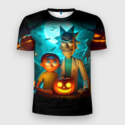 Мужская спорт-футболка Morty and Rick with pumpkin - neon halloween