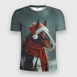 Мужская спорт-футболка Лошадь в новогодней шапке