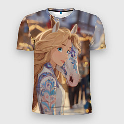 Футболка спортивная мужская Блондинка с новогодней лошадкой, цвет: 3D-принт