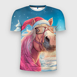 Футболка спортивная мужская Новогодняя лошадь в очках, цвет: 3D-принт