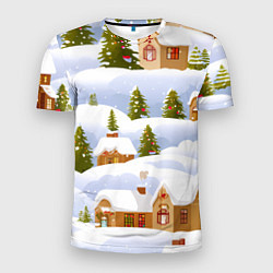 Мужская спорт-футболка Новогодние домики и елочки