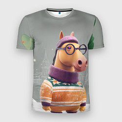 Мужская спорт-футболка Новогодняя лошадка хипстер