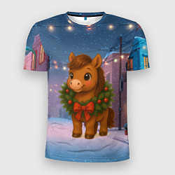 Футболка спортивная мужская Лошадка с новогоднем венком 2026, цвет: 3D-принт