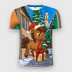 Футболка спортивная мужская Лошадка распаковывает новогодний подарок, цвет: 3D-принт
