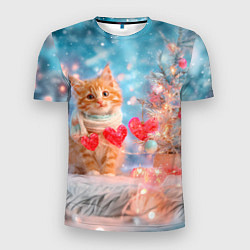 Мужская спорт-футболка Котенок и гирлянда из сердечек