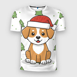 Мужская спорт-футболка Новогодняя собачка в шапочке