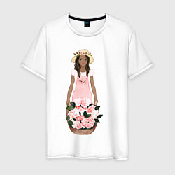 Мужская футболка Девушка с корзиной тюльпанов