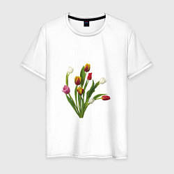 Футболка хлопковая мужская Букет разноцветных тюльпанов, цвет: белый