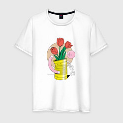 Футболка хлопковая мужская Абстракция тюльпаны в банке, цвет: белый