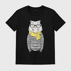 Футболка хлопковая мужская Hipster Cat, цвет: черный