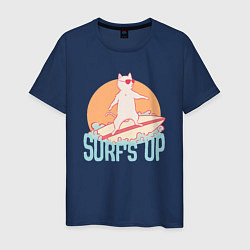 Мужская футболка Surfs Up Кот сёрфер на гребне волны