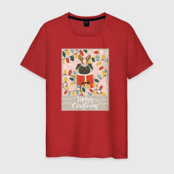 Футболка хлопковая мужская С Рождеством Мопс, цвет: красный