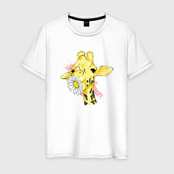 Футболка хлопковая мужская Жирафа с цветком, цвет: белый