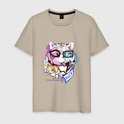 Мужская футболка Голова тигра эмоциональная с цветами и в рубашке в