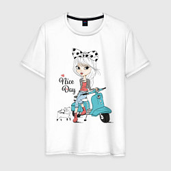 Футболка хлопковая мужская Девчонка на скутере с котом, цвет: белый