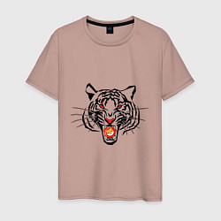 Мужская футболка Агрессивный тигр с монетой Шиба ину в пасти