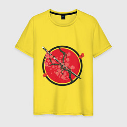 Мужская футболка Японский меч, катана и ветви с красными цветами