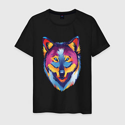 Мужская футболка Волк раскрашен во множество разных цветов