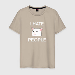 Футболка хлопковая мужская I hate people, текст с белым мемным котом, цвет: миндальный