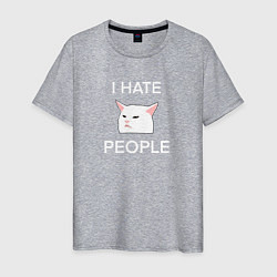 Мужская футболка I hate people, текст с белым мемным котом