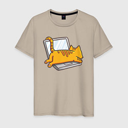 Мужская футболка Котик лежит на ноутбуке