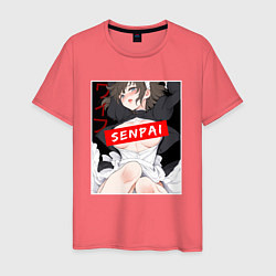 Футболка хлопковая мужская Девушка и надпись Senpai Ahegao, цвет: коралловый