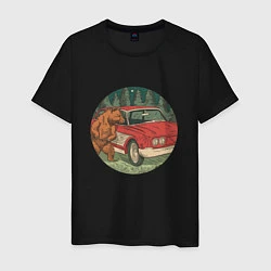 Мужская футболка Медведь и машина в лесу
