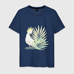 Мужская футболка Белый попугай с хохолком на фоне листьев пальмы