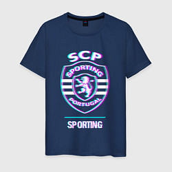 Футболка хлопковая мужская Sporting FC в стиле glitch, цвет: тёмно-синий