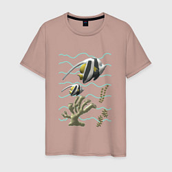 Футболка хлопковая мужская Морская тематика Рыбки Морские обитатели Коралл,во, цвет: пыльно-розовый