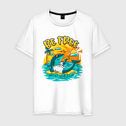 Футболка хлопковая мужская Акула серфингист будь свободным, цвет: белый