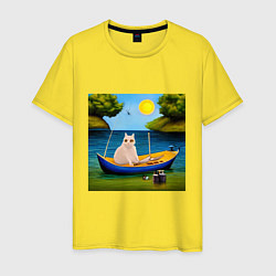 Футболка хлопковая мужская Кот рыбак, цвет: желтый