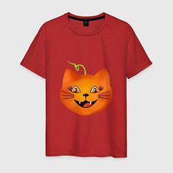Футболка хлопковая мужская Рыжий кот Джек похож на тыкву, Хэллоуин, цвет: красный