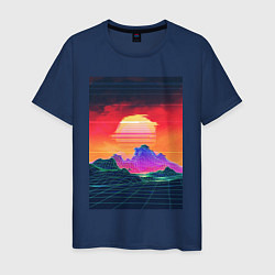 Футболка хлопковая мужская Синтвейв горы на закате, цвет: тёмно-синий